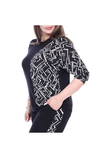 Melsay Butik Siyah Truvakar Kol Yarım Zigzag Garnili Viskon Büyük Beden Takım Siyah