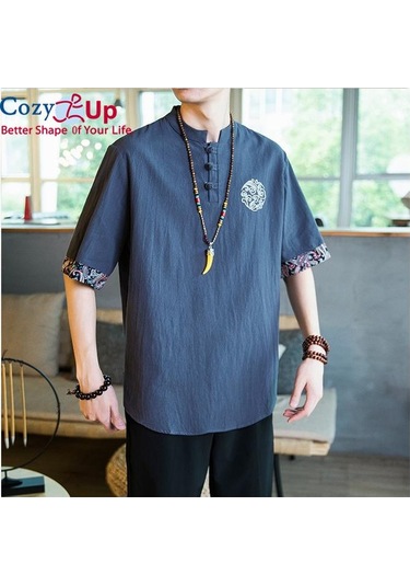 Rahat Up Çin Tarzı 1/2 Kollu Casual Gömlek Erkek İnce Stand Yaka Nakış Pamuk Ve Keten Gri Mavi Gri - Mavi