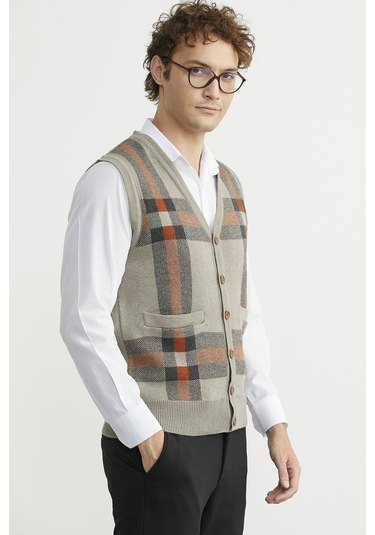 Düğmeli Yünlü Kalın Triko Yelek - Vizon Vizon