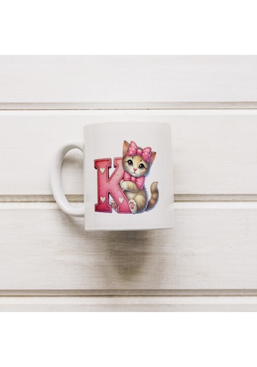 K Harfli Bardak, Sevimli Kedili Pembe Tasarım Bardak, Arkadaşa Aileye Hediye Porselen Beyaz