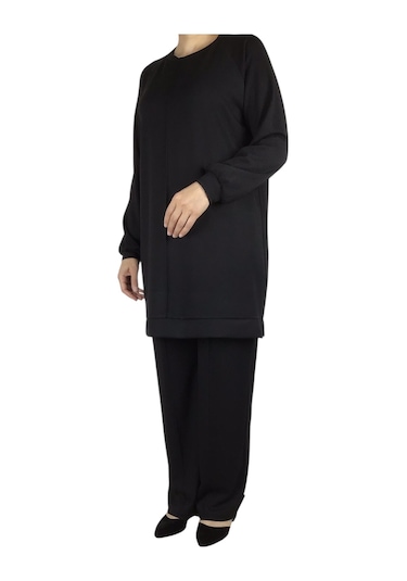 Kadın Tunik Önü Dikişli Altı Bantlı Pantolon Beli Lastikli Önü Dikişli İkili Takım Siyah