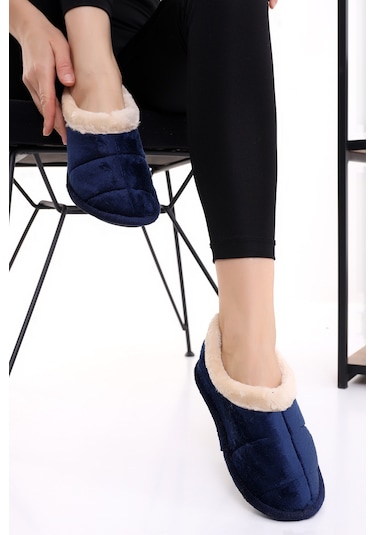 Wordex U040 Kadın Erkek Ev İçi Yünlü Kışlık Ev Pandufu Ev Ayakkabısı Lacivert