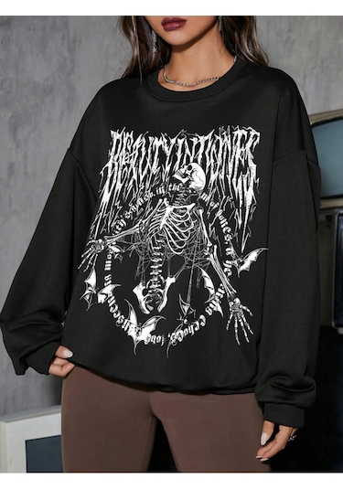 Adrift Coolane Skeleton & Letter Graphic Drop Shoulder Sweatshirt Siyah Siyah