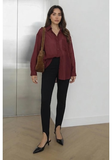 Lijuri Bordo Çizgili Transparan Oversize Gömlek 3515