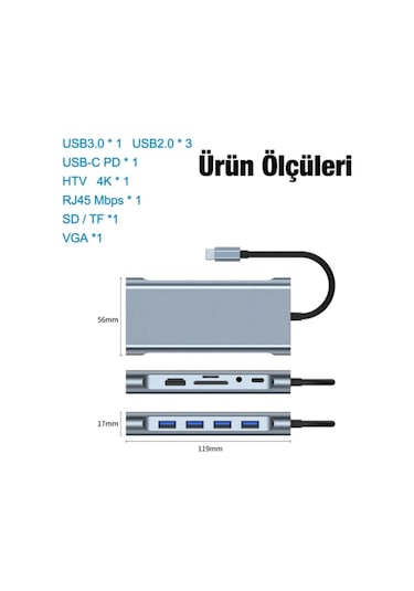 11in1 Type-c To Usb Hdmı 4xusb Rj45 Hdmi Vga Sd Tf Card Çevirici Adaptör