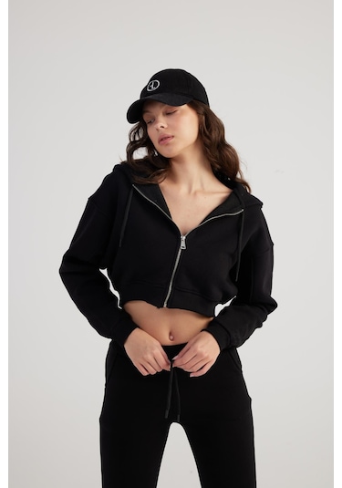 Holly Lolly Kadın Siyah Kapüşonlu Uzun Kol Fermuarlı Crop Mixed Sweat