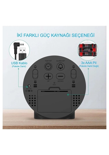 Monozone Dekoratif Yuvarlak Siyah Dijital Led Masa Saati Usb