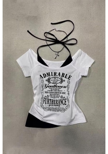 Beyaz Admirable Madonna Yaka Ek Askılı Gotik Y2k Kısa Kollu Full Body Crop-18655 Beyaz