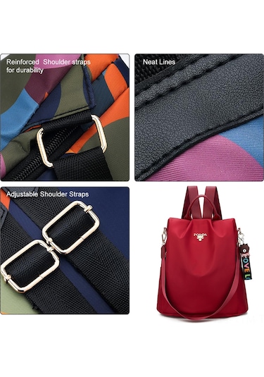 Geeksen Kadınlar İçin Çanta, Çift Omuzlu Antifantezi, Nilon Materyal, Su Geçirmez, Çoklu Cüzdanlı, Seyahat-okul-shopping, Kırmızı + Hediye Aksesuar Çok Renkli