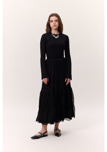 Crush Piliseli Uzun Etek Siyah Siyah