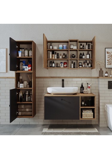 "lavabolu" Mdf 95 Cm Lotus Oval Lavabolu Banyo Dolabı Atlantik Çam - Antrasit