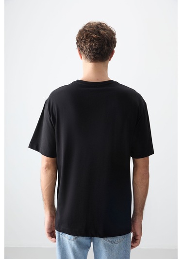 Tommy Life Siyah %100 Pamuk Kalın Yumuşak Dokulu Oversize Fit Baskılı Erkek T-shirt - 88357 Siyah
