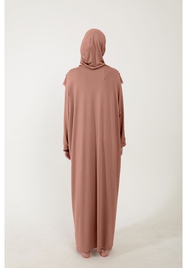 Kadın Tesettür Pamuklu Başörtülü Namaz Elbisesi Dantelli Tek Parça Penye Kumaş Gül Kurusu