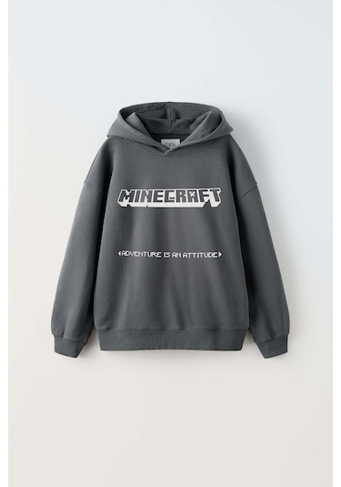 Erkek Çocuk Mınecraft Modelli Pamuk Kapşonlu Sweat Füme