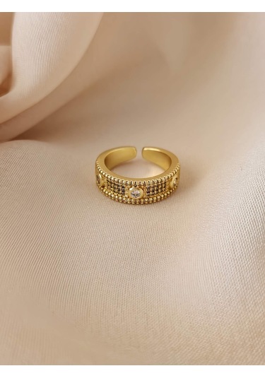 Üç Taşlı Model Ayarlanabilir Gold Altın Renkli Yüzük Gold