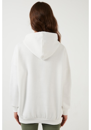 Lela Regular Fit Pamuklu Kapüşonlu Yaka Şardonlu Kışlık Bayan Sweat 5863854 Ekru
