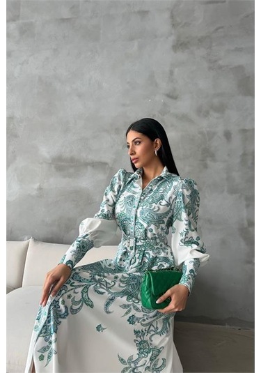 Dipmoda Kadın Kemerli Uzun Desenli Gömlek Elbise Dpms4220 Yeşil