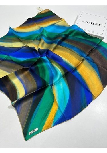 Armine 90 90 Sura Ipek Eşarp Gold Yeşil Saks Mavi Kahve