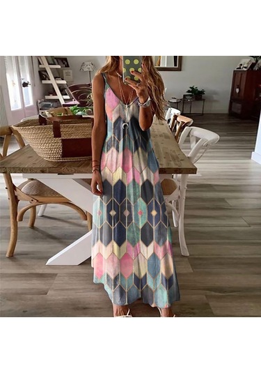 Pembe Kadın Etek Yaz Gündelik Baskı Yular Tank Elbise Uzun Elbise Pembe