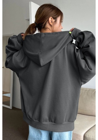 Modagen Unisex Oversize Fermuarlı Sweat Hırka Füme