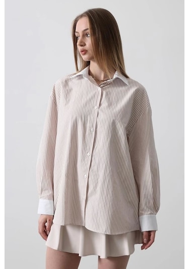 Defymoda Çizgili Oversize Gömlek - Bej Bej