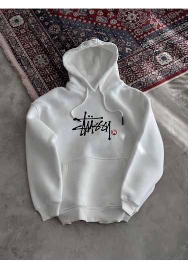 Üç İplik Kapşonlu Baskılı Sweatshirt - Beyaz Beyaz