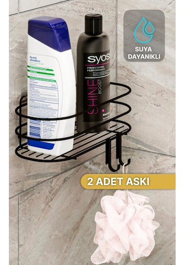 Banyo Düzenleyici Şampuanlık Sabunluk 1 Adet Oval Tel Yapışkanlı 2 Askılı Duş Rafı Organizer Siyah