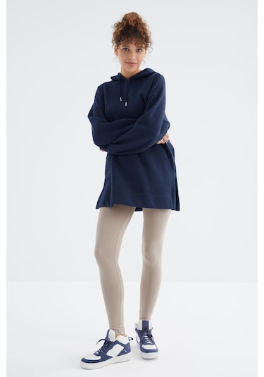 Tommy Life İndigo Reglan Kol Basic Kapüşonlu Oversize Sweatshirt Tunik - 97242 İndigo