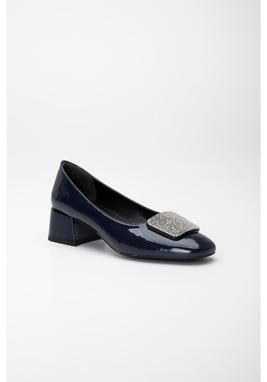 Büyük Numara Rugan Kare Taşlı Lacivert Kadın Kısa Topuklu Ayakkabı-3256 Lacivert