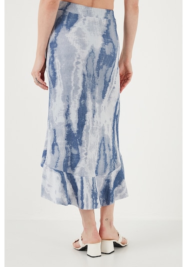 Lela Regular Fit Desenli Yüksek Bel Volanlı Midi Boy Yırtmaçlı Bayan Etek 5869013 Indigo