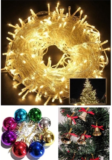 Özel 3 Lü Yılbaşı Seti 12 Adet Çam Ağacı Çanı 6 Lı Yılbaşı Çam Ağacı Topu 10 Metre Animasyonlu Led Çok Renkli