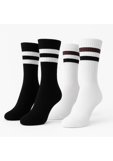 Erkek Spor Çorap 2 Li Set Nefes Alan Pamuklu Çizgili Soket Çorap Günlük Ve Spor Kullanım İçin Esnek Rahat Tasarım Siyah Beyaz