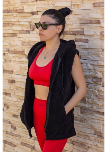 Kadın Siyah Peluş Kalın Fermuarlı Kapüşonlu Yelek 23kylkmy01 001