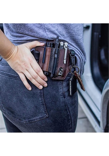 Geeksen Kemer İçin Çok Amaçlı Alet Kılıfı, Erkekler İçin Deri Edc Cep Düzenleyici, Kalemlikli Leatherman Kılıfı, Anahtarlık, El Feneri Kılıfı, Edc Deri Kese Kahverengi