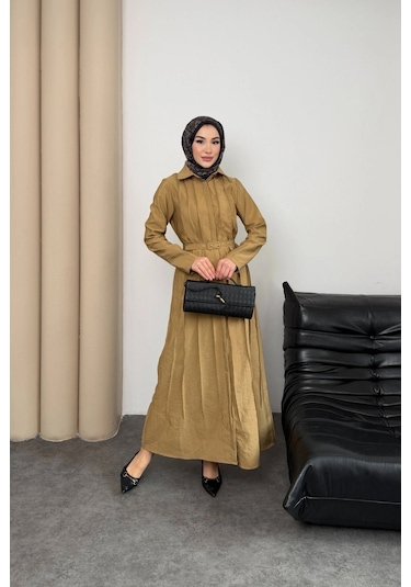 Mihran Butik Quenn Model Coupra Model Kumaş Kemer Detaylı Elbise Hardal