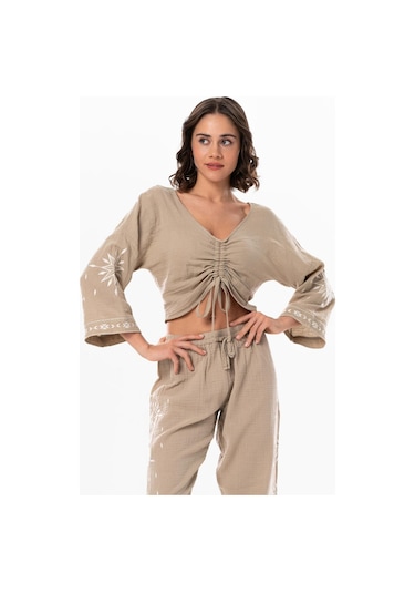 Uzun Kol Günışığı Büzgü Detaylı Yazlık Müslin Bluz Vizon Vzn-vizon Vizon