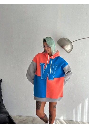 W Nakış İşlemeli Kapüşonlu Sweatshirt - Mavi Mavi