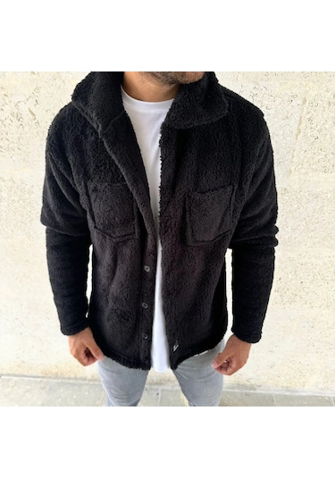 Erkek Pelüş Polar Hırka Gömlek Yakalı, İlik Düğmeli, Göğüs Cepli, Yumuşak Dokulu Kışlık Regular Fi Siyah
