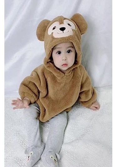 Aden Kids Kapüşonlu Bebek Peluş Çıtçıtlı Body Kahverengi
