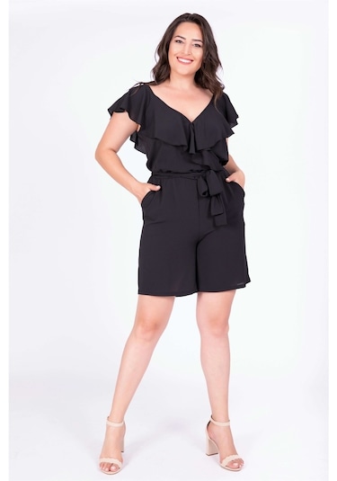 Myline Kadın Yakası Volanlı Tulum 34859 Siyah