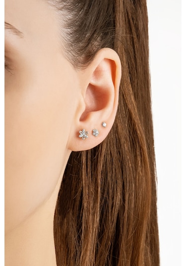 Yaz Çiçeği 18 Ayar Beyaz Altın Kaplama Gümüş Çoklu Küpe Gold-Rodyum