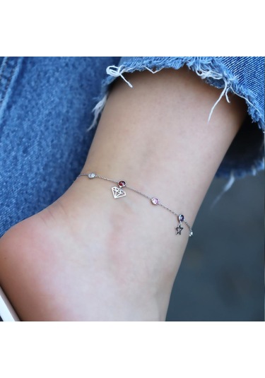 Renkli Zirkon Taşlı Figürlü Gümüş Halhal Gümüş