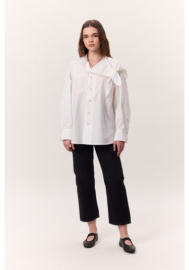 Bağlamalı Detaylı Tasarım Gömlek Ekru Ekru