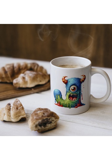 J Harfi Bardak, Sevimli Canavarlar Harflı Bardak Hediyesi Porselen Beyaz