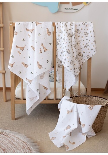 Çok Amaçlı Müslin Örtü & Battaniye 3'lü Set Pamuk Oeko-teks Sertifikalı 80x80 Cm Beyaz - Kahverengi