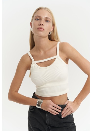 Noam Ekru Ön Detay Fitilli Crop Ekru