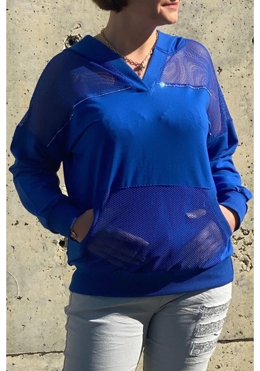 Kadın Saks Mavi File Detaylı Bluz Saks Mavi