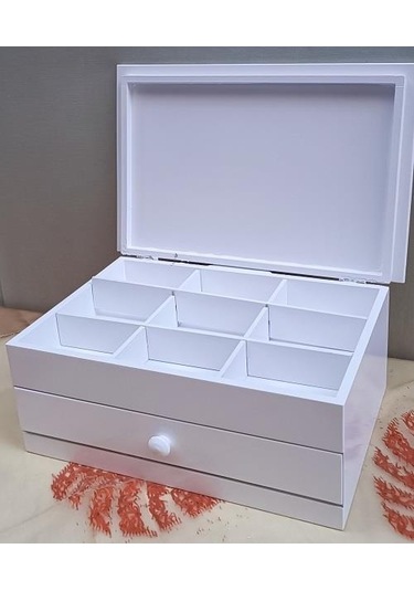 Hobi Adn Dekoratif Makyaj Kutu Çekmece Bölmeli Ahşap Mdf Beyaz Lake Boya El Yapım