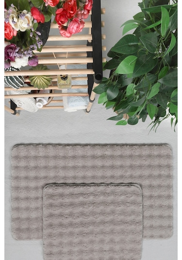 Modern Bubble Yıkanabilir Kaymaz Peluş Banyo Paspası Halısı 2'li Klozet Takımı 50x80-50x40cm Bej