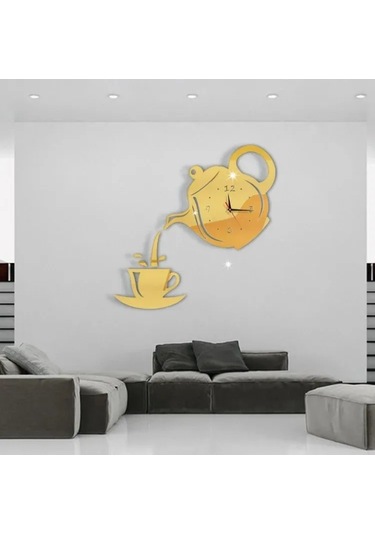 Konesam 40x40 Cm Akrilik Teapot Saat Sticker - Altın Renk, Pil İle Çalışır Pil Dahil Değil
